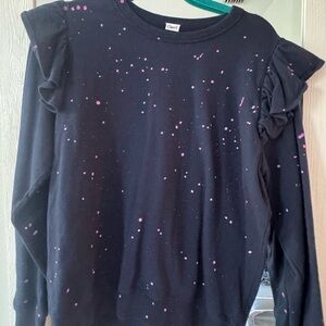 Clare V Navy Sweatshirt with Pink Splatter and Ruffle Shoulders